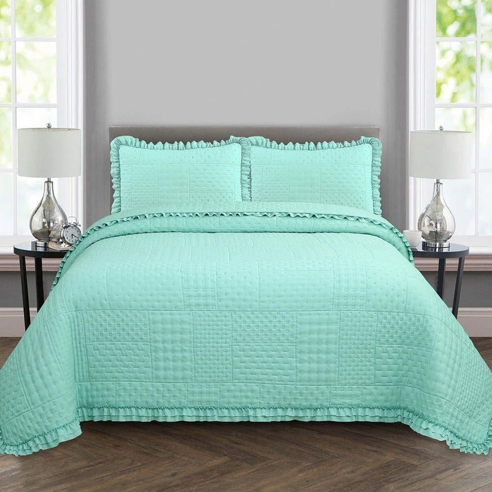 Kit Cobre Leito Colcha Allegra Casal 3 Peças Percal 300 Fios C- Babado Verde Tiffany 100% Poliéster