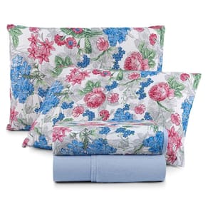Jogo De Lençol Luar Queen 4 Peças Malha 100% Algodão Estampado Azul Floral