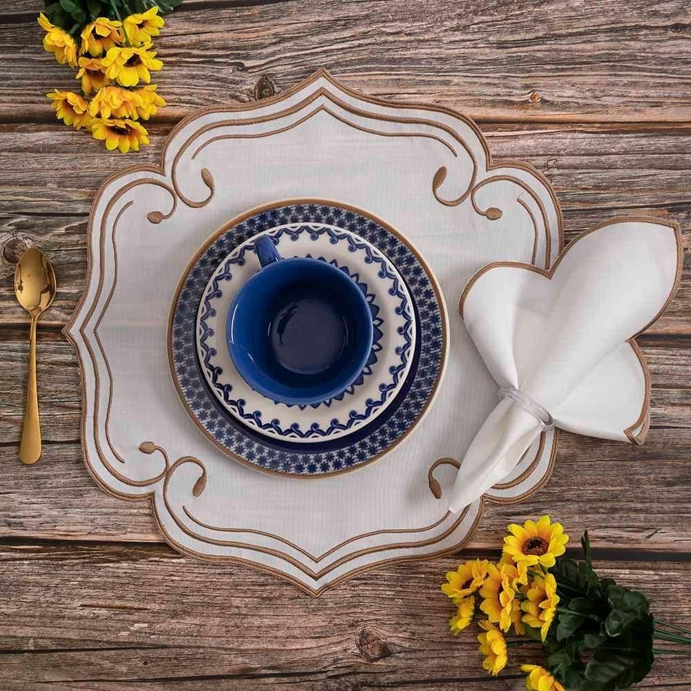 Kit 12 Jogos Americanos Guardanapos De Mesa Redondo Bordado Copa Marfim 100% Poliéster