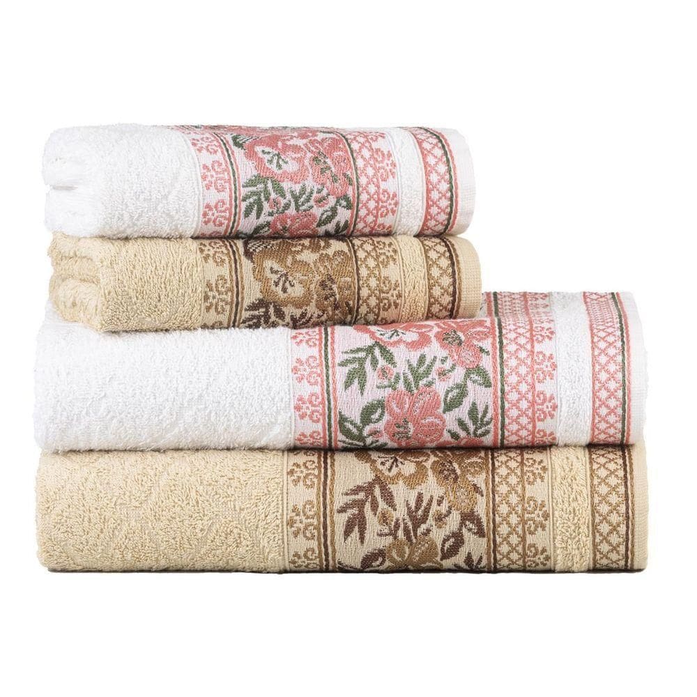 Jogo Toalhas De Banho Fio Penteado 4 Peças Jacquard - Nice - Palha + Branco