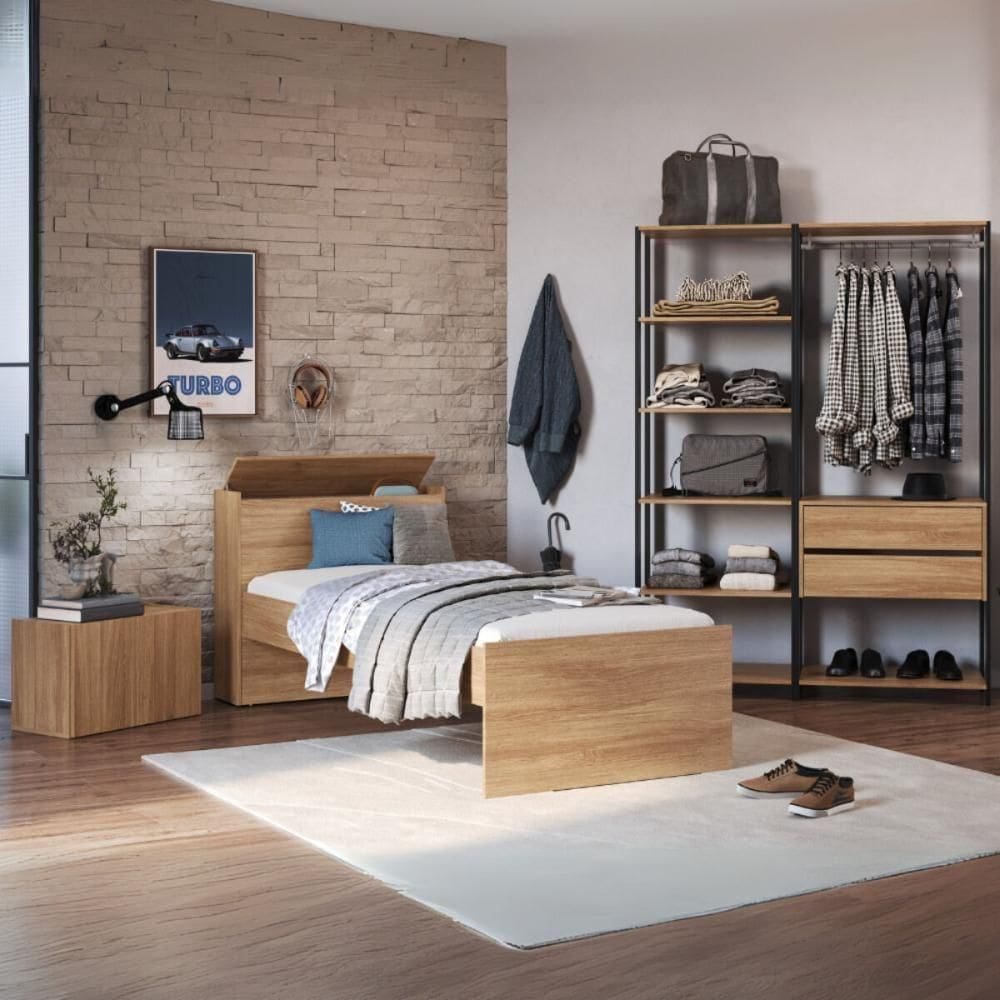Quarto Completo Com Cama Solteiro Com Colchão Incluso E Baú Embutido Multimóveis Mp4343 Preto/madeirado