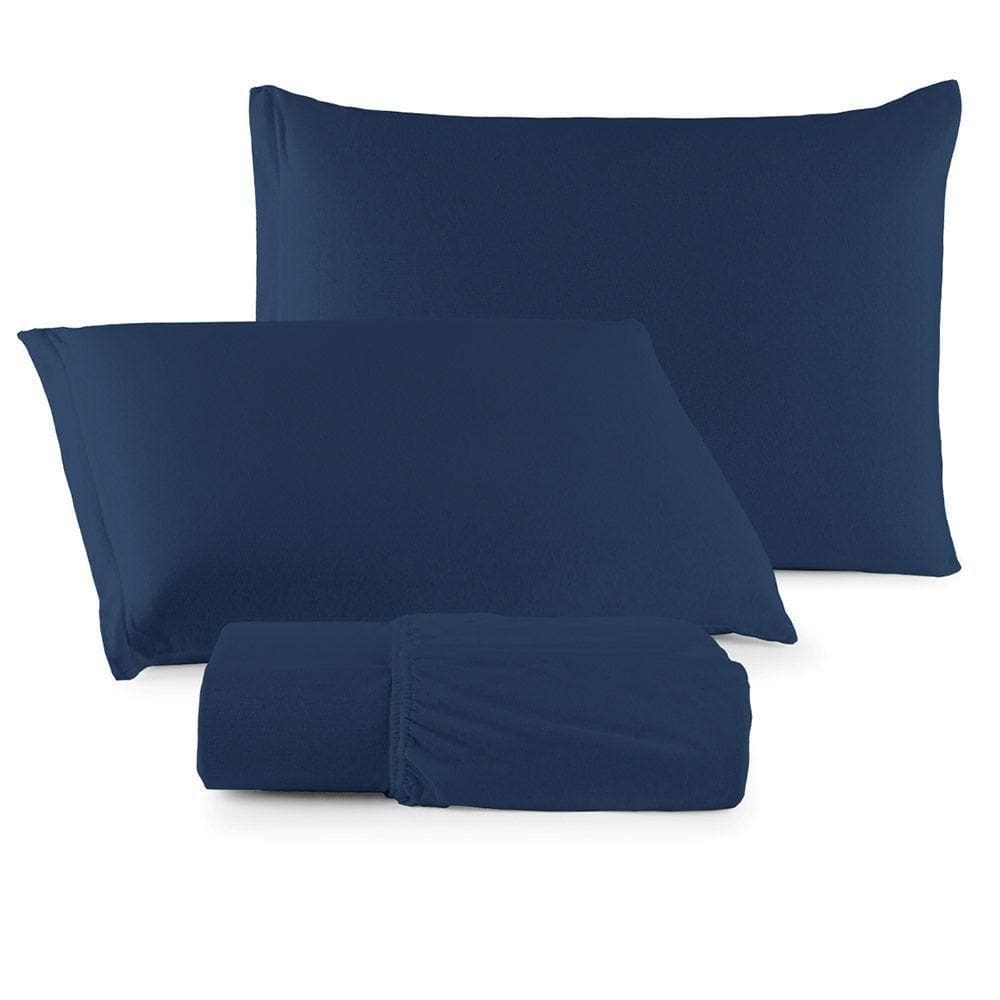 Jogo De Lençol Minimal Queen 3 Peças Malha 100% Algodão Liso Azul Marinho
