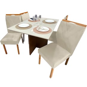Mesa de Jantar Helo 120x90cm em Linho com 4 Cadeiras California Poliman Cor Off White com Assento Bege