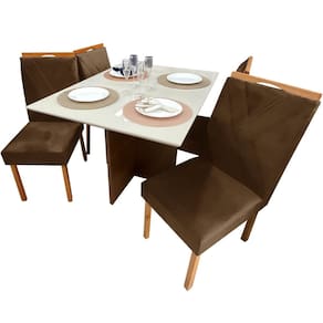 Mesa de Jantar Helo 120x90cm em Linho com 4 Cadeiras California Poliman Cor Off White com Assento Marrom