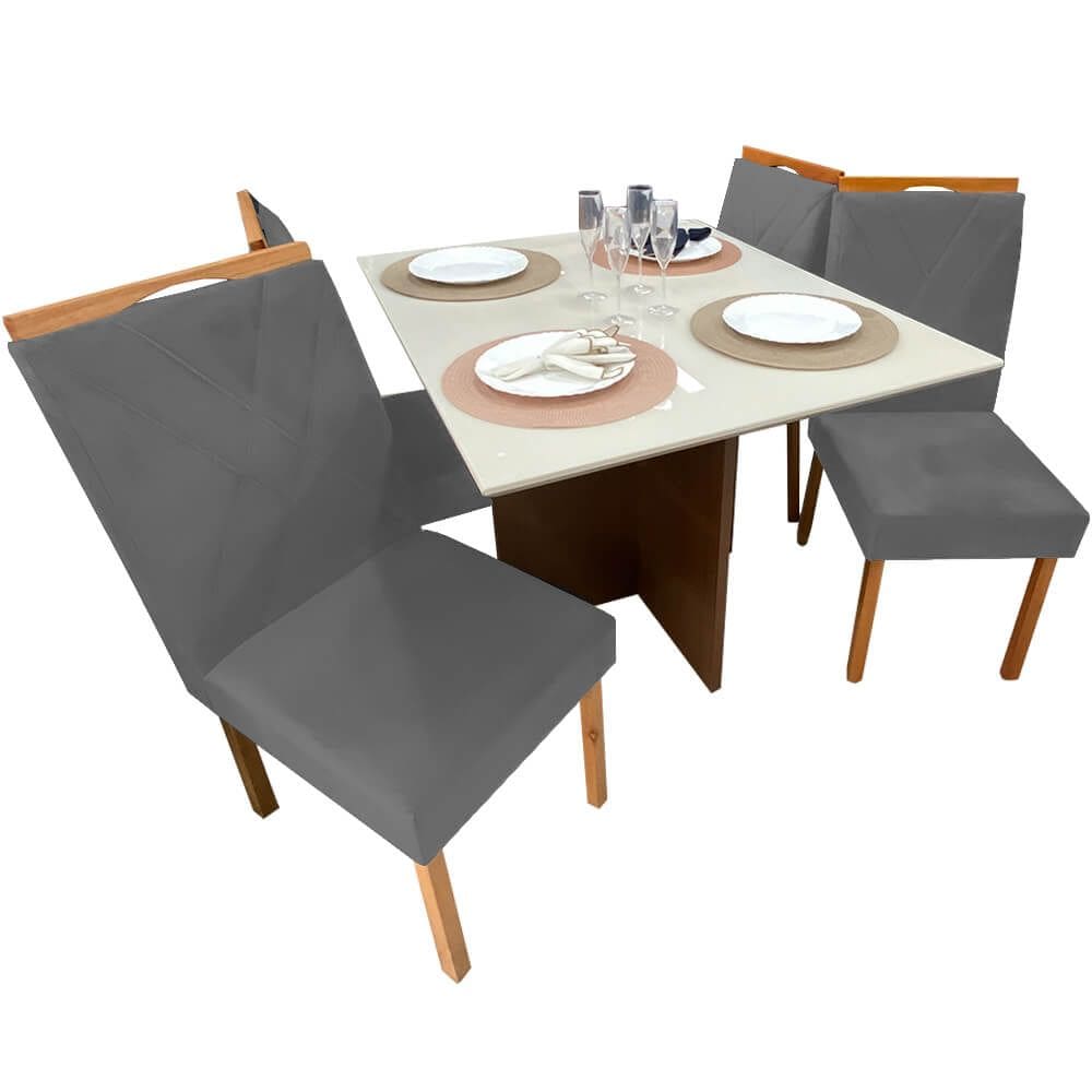 Mesa de Jantar Helo 90x90cm em Linho com 4 Cadeiras California Poliman Cor Off White com Assento Grafite