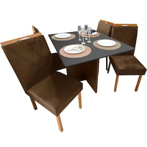 Mesa de Jantar Helo 90x90cm em Veludo com 4 Cadeiras California Poliman Cor Grafite com Assento Marrom