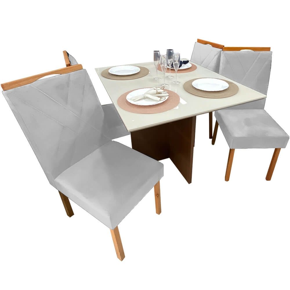 Mesa de Jantar Helo 90x90cm em Veludo com 4 Cadeiras California Poliman Cor Off White com Assento Prata
