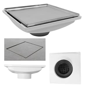 Ralo Invisível 20x20 Base Inox 304 Cola Piso Coletor Plástico Branco Saída 100mm com Sifão