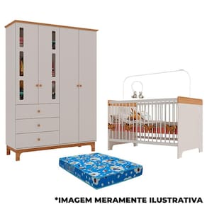 Berço Mini Cama Pega Pega e Guarda Roupa Antonella 4 Portas Off White Caramelo com Colchão - Canaã