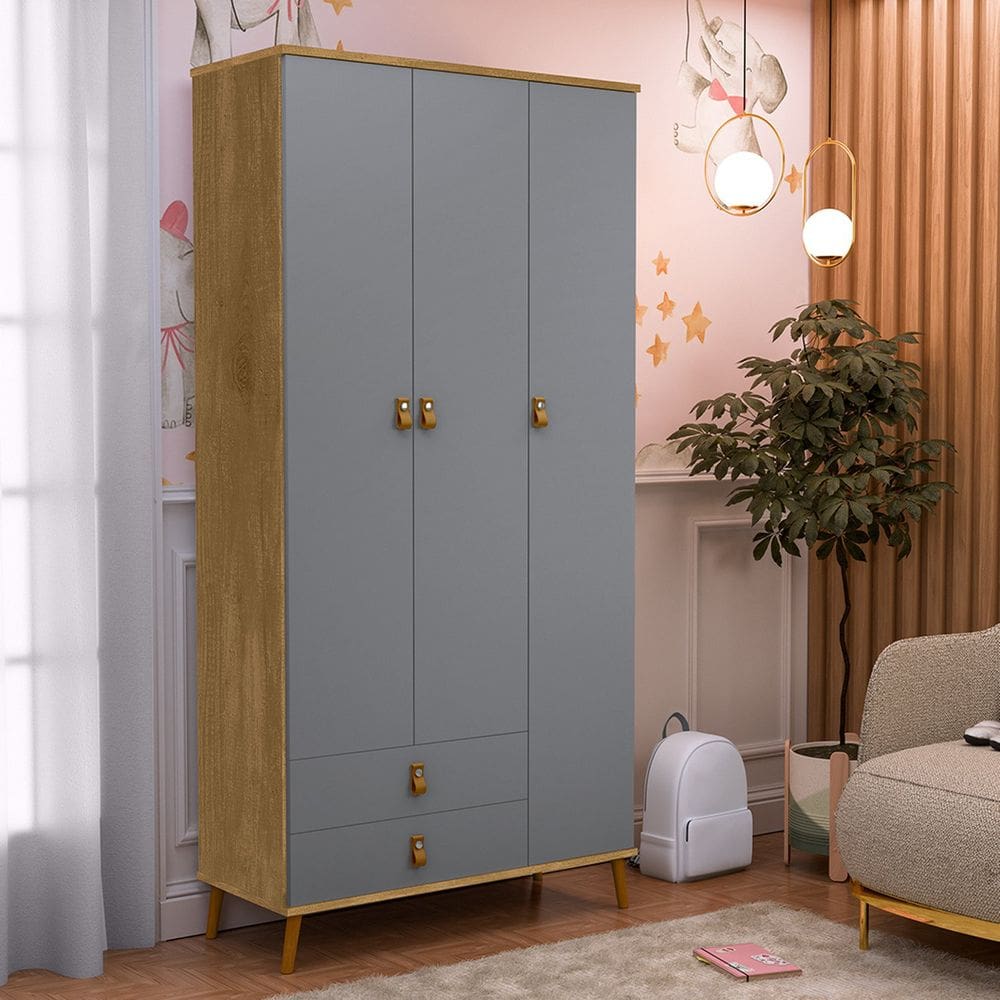 Guarda-Roupa Infantil Jujuba 3 Portas 2 Gavetas Marrom/ Cinza