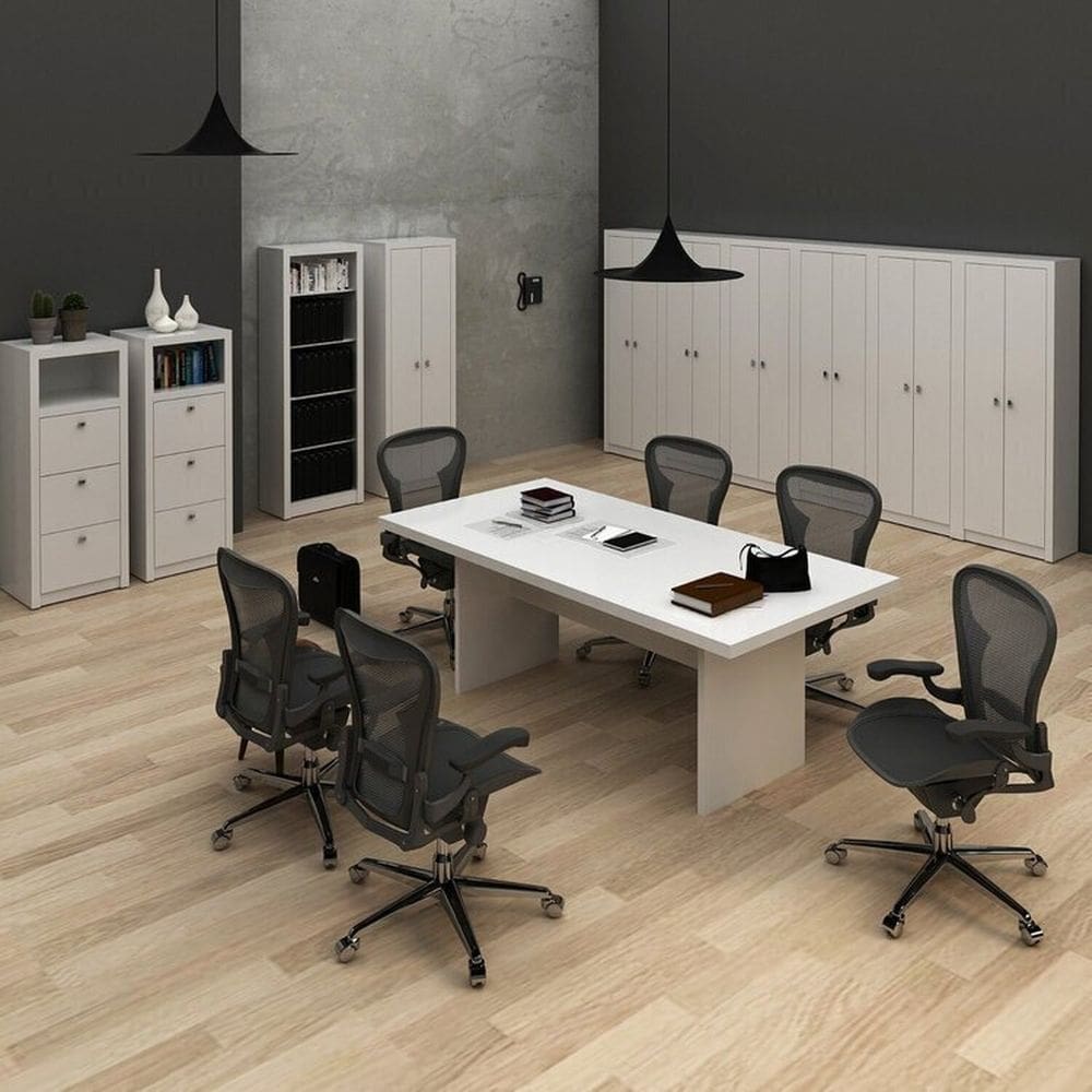 Conjunto 1 Mesa de Reunião 7 Armários com Portas 1 Estante e 2 Gaveteiros Branco