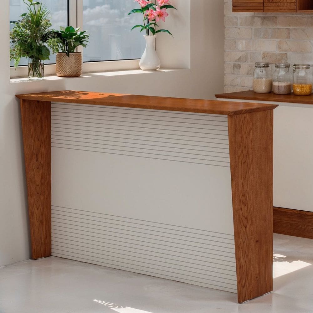 Bancada Ilha Gourmet para Cozinha 156cm 100% MDF com Tampo em 45 Graus Canela/Off White Frisado