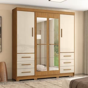 Guarda-Roupa Casal com Espelhos 4 Portas 6 Gavetas Estrela Freijó / Avelã