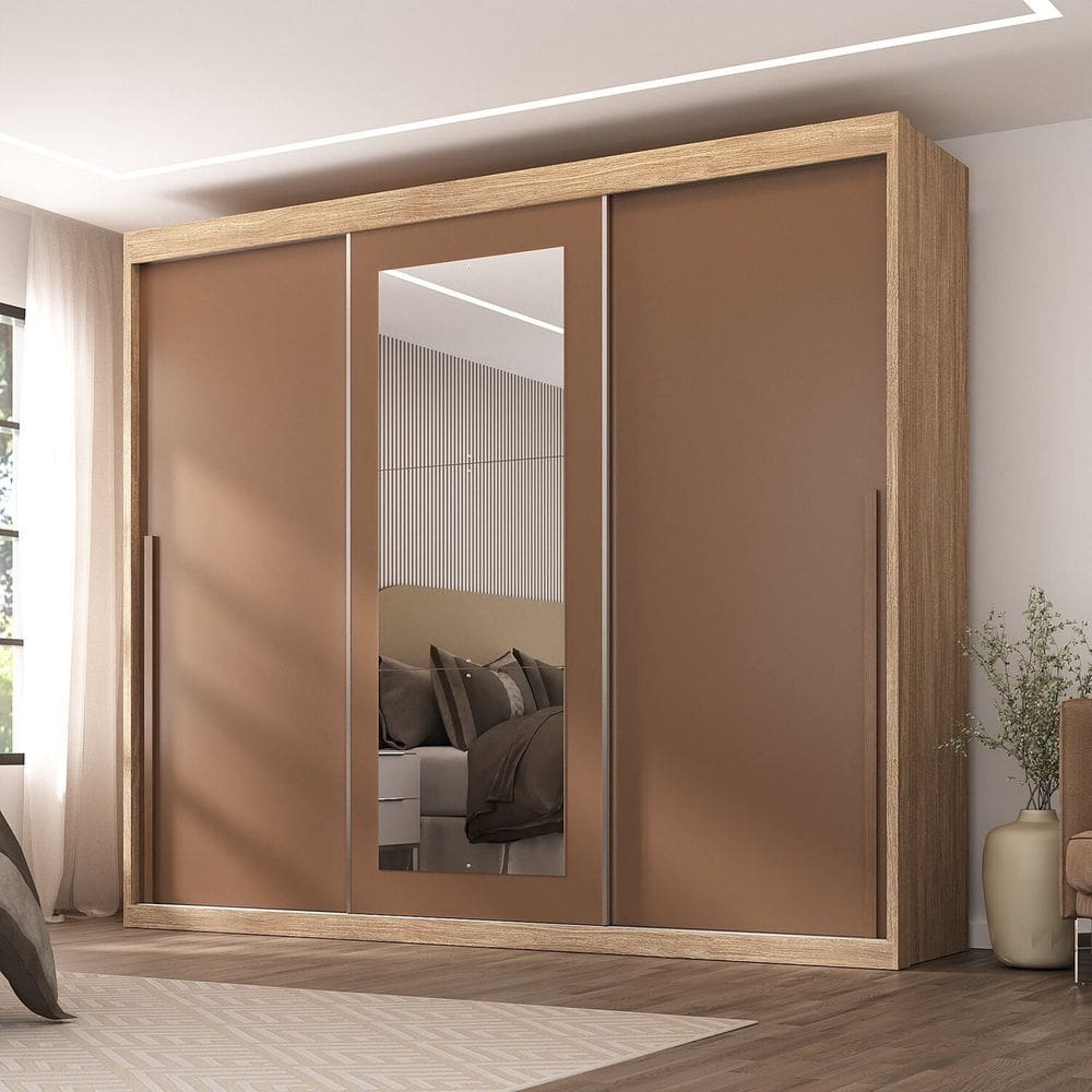 Guarda-Roupa Casal 3 Portas de Correr e 6 Gavetas Spazio Capuccino /Terracota