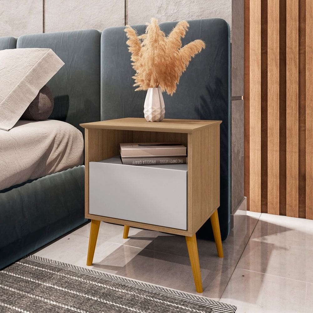 Mesa de Cabeceira 1 Gaveta Pés de Madeira Maciça Cancun Cinamomo/Off-White