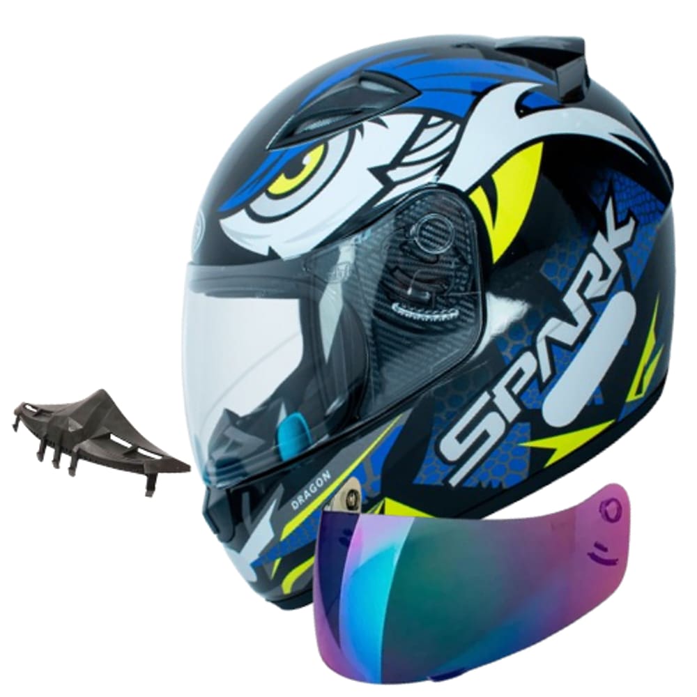 Capacete Masculino Ebf Dragon Azul Com Viseira Camaleão e Narigueira Alta