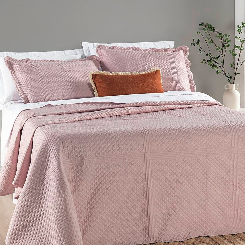 Colcha Casal Padrão Chess Dupla Face Micropercal 200 Fios 3 Peças - Rosa Suave