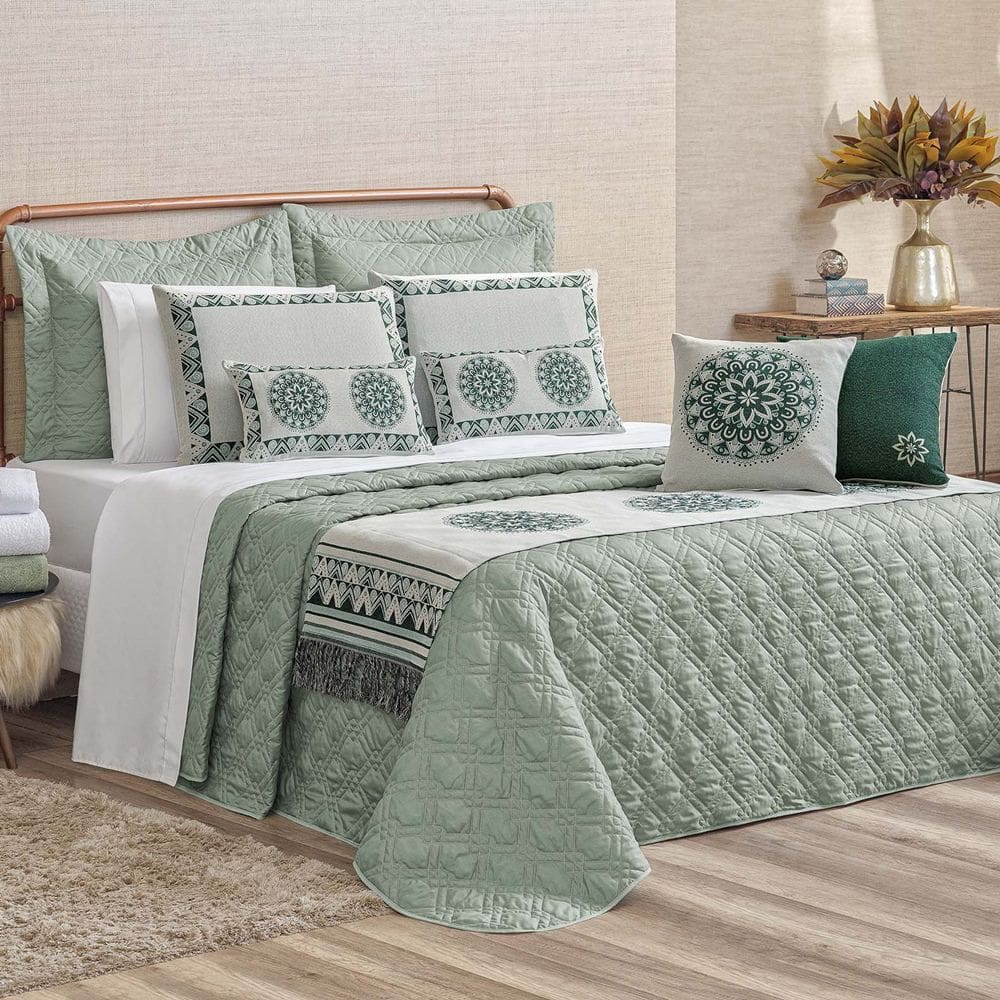 Kit Cobre Leito Queen Turin com Almofadas e Peseira 180 Fios 10 Peças - Verde Malva