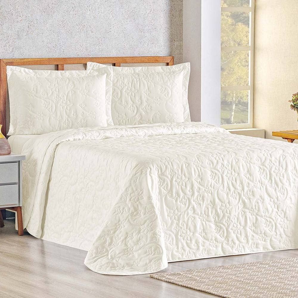 Cobre Leito Queen Bouti Mavie Floral 180 Fios 3 Peças - Marfim - 100% Poliéster