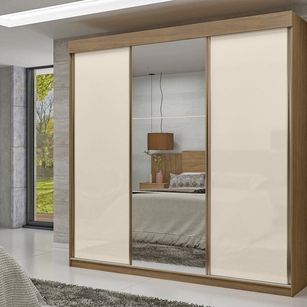 Guarda-Roupa 100% MDF 3 Portas de Correr Com Espelhos Istambul Nogueira/Avelã