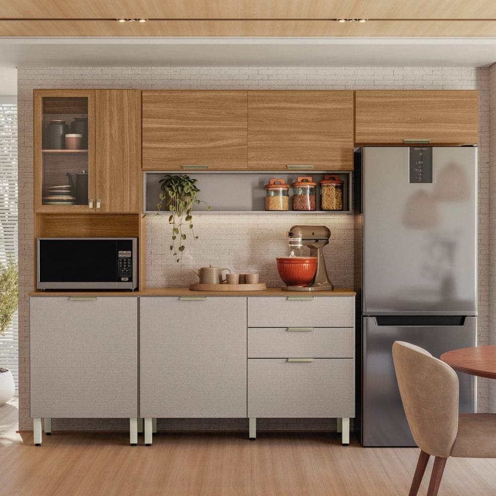 Cozinha Compacta com Balcão 3 Gavetas Alba Amêndola/Nude