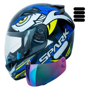 Capacete Ebf Spark Dragon Azul Fechado Com Viseira Camaleão e Adesivo Extra