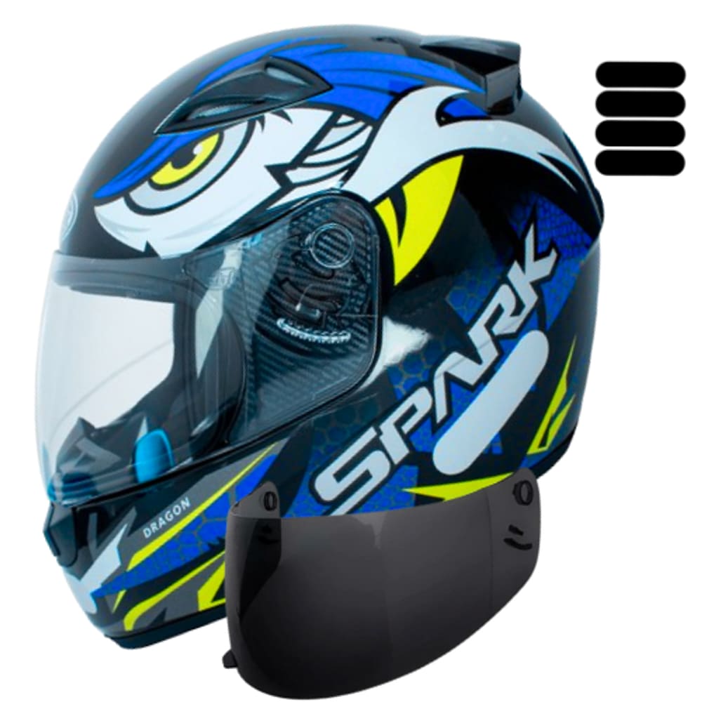 Capacete Masculino Moto Dragon Azul Ebf Mais Viseira Fume e Adesivo Extra