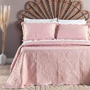 Colcha Queen Angele Dupla Face 200 Fios Bordado 3 Peças - Rosa Suave