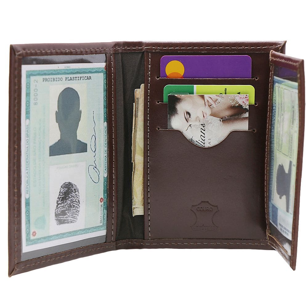 Carteira Masculina Porta Rg Porta Cnh Porta Cartões Em Couro Café Liso