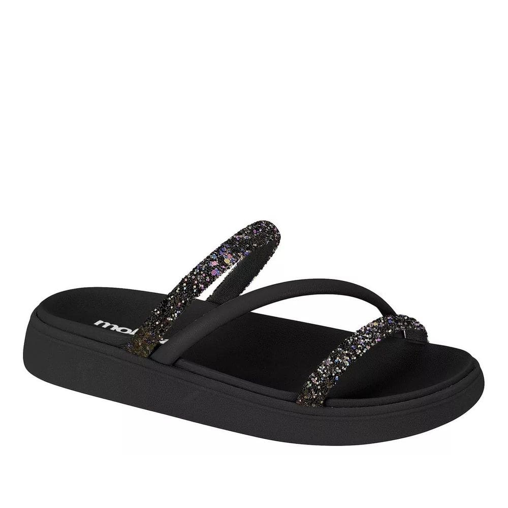 Papete Moleca Feminina Flatform Três Tiras Finas Strass Preta