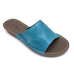 Sandália Tamanco Feminino Azul De Couro Chinelo Slide Basic Flat Salto Baixo