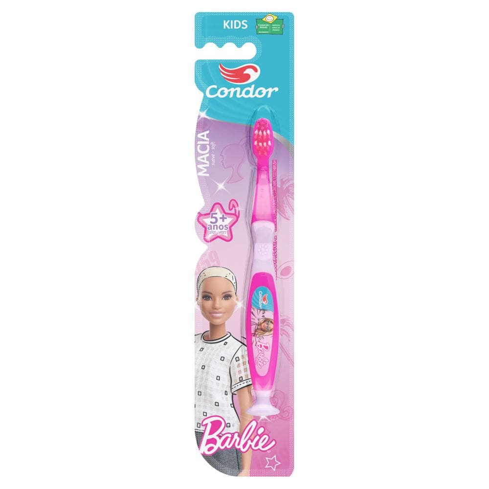 Escova Dental Macia Com Limpador De Língua E Ventosa Barbie Condor Kids+ Cabeça P
