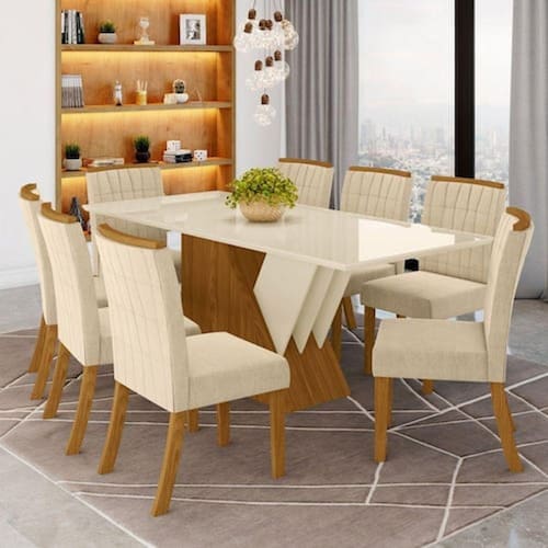 Conjunto Sala de Jantar Mesa Tampo MDF e Vidro 8 Cadeiras Itália Espresso Móveis Nature/Off White/Bege Claro Espresso Móveis - Marrom - Off White