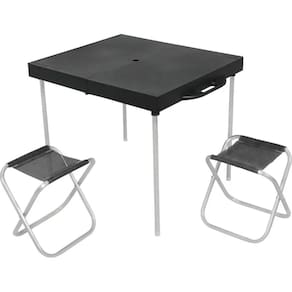 Mesa Portátil com Furação Guarda Sol 2 Banquetas Suporta 90kg Dobrável Camping Pesca Viagem Bel