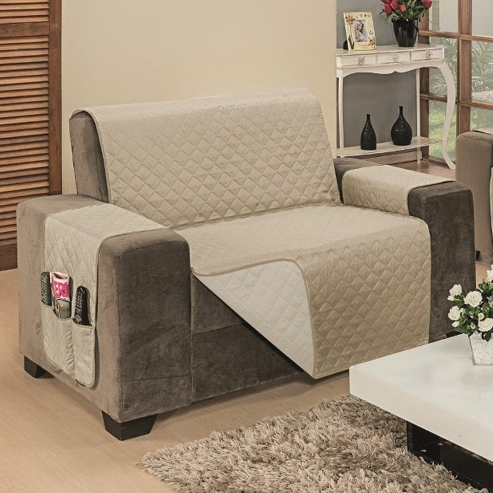 Protetor de Sofá Impermeável Avulso Dupla Face Padrão 2 Lugares Microfibra - Cáqui/Palha
