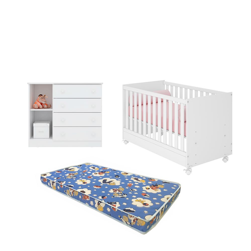 O Conjunto Perfeito para Seu Bebê Berço Americano + Cômoda + Colchão Ortobom Branco - Qmovi