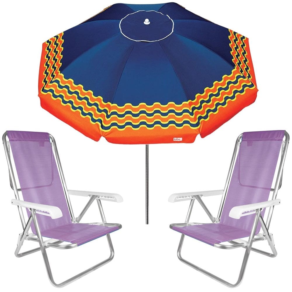 Kit Guarda Sol 2,5m Articulado Ibiza Azul Marinho 2 Cadeira 8 Posições Alumínio Sannet Praia Piscina Camping - Tobee
