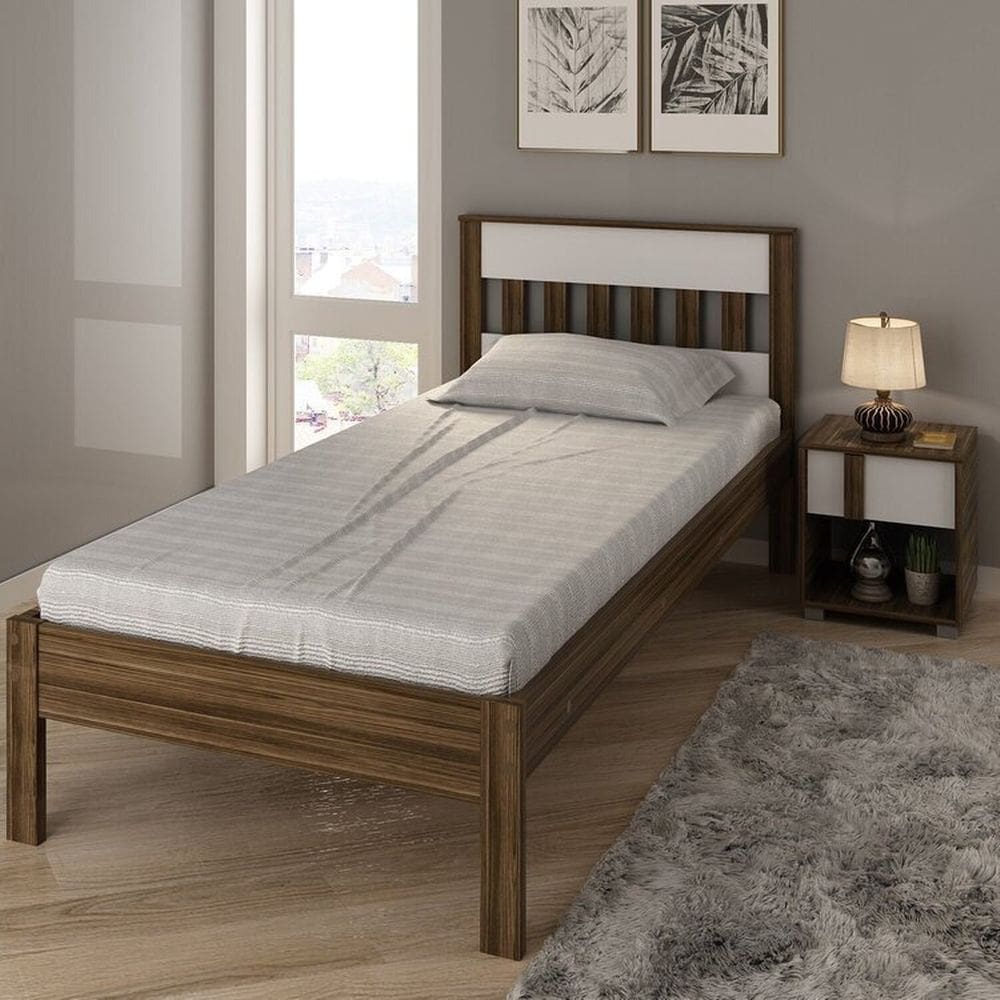 Conjunto Cama Solteiro com 1 Mesa de Cabeceira Nogal/Branco
