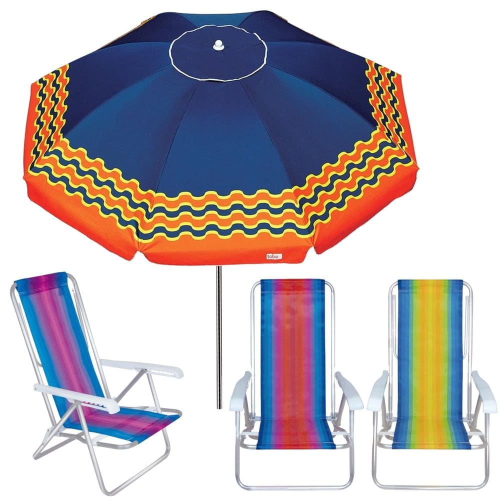 Kit Guarda Sol 2,5m Articulado Ibiza Azul Marinho 3 Cadeira 8 Posições Alumínio Praia Piscina Camping - Tobee