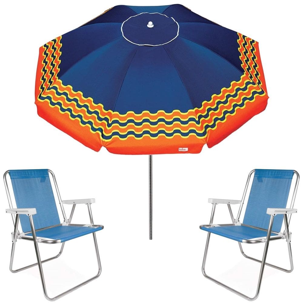 Kit Guarda Sol 2,5m Articulado Ibiza Azul Marinho 2 Cadeira Alta Alumínio Sannet Praia Piscina Camping - Tobee
