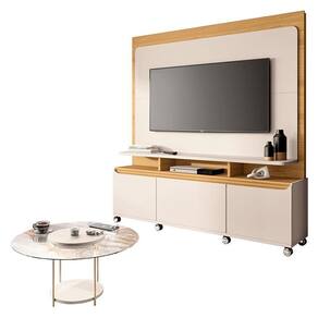 Estante Home Theater Quantum Off White Cinamomo e Mesa de Centro Sky com Tampo de Vidro Off White - HB Móveis