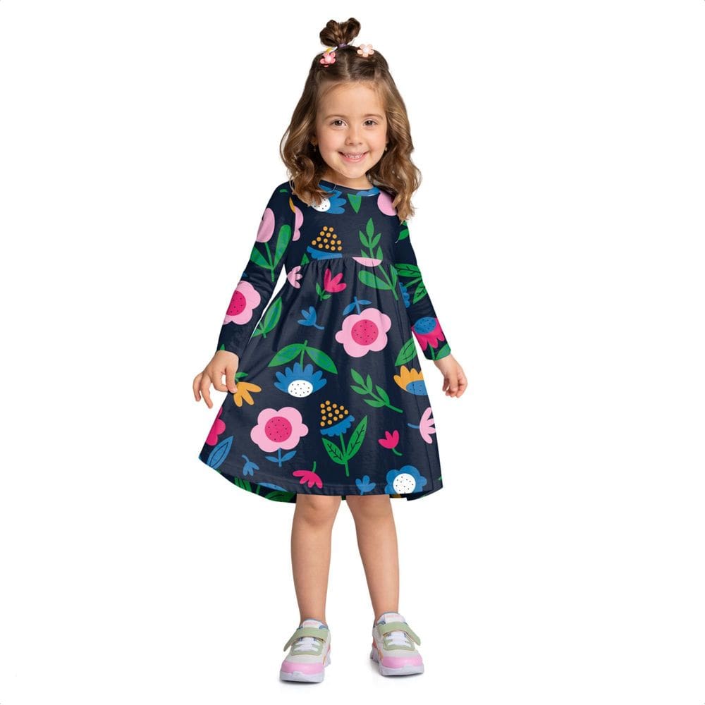 Vestido Kyly Infantil Menina Manga Longa Azul Marinho Floral