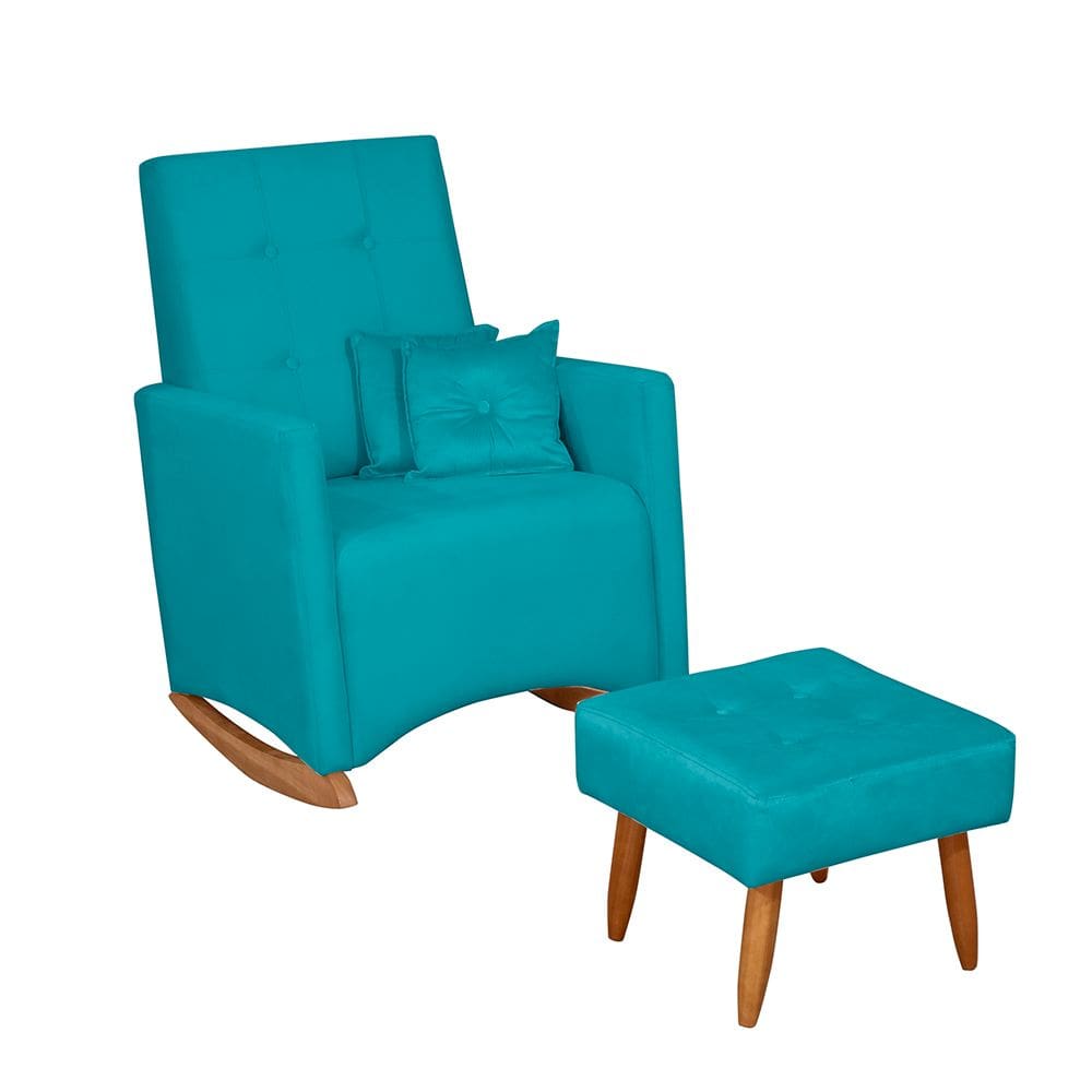 Poltrona de Amamentação com Balanço e Puff Lizzi Veludo Azul Turquesa F06 - D`Rossi