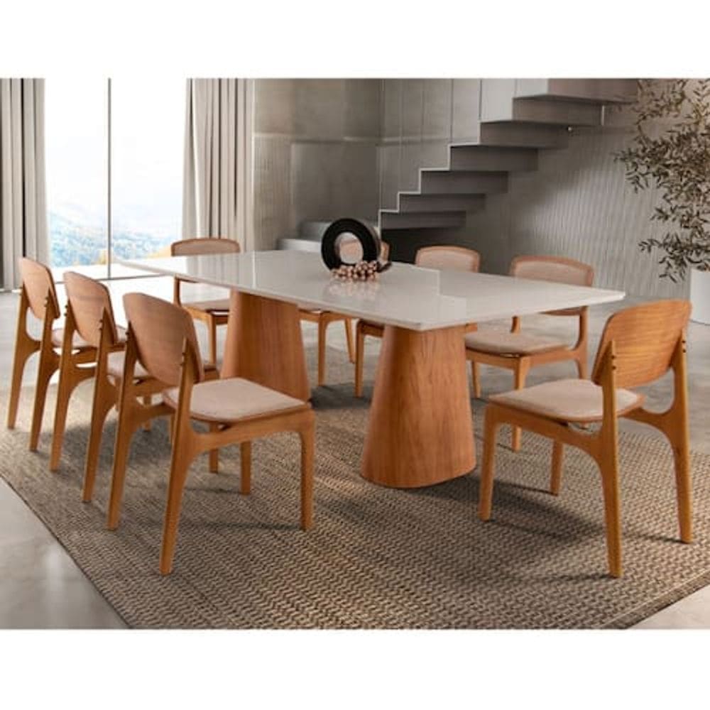 Conjunto Sala de Jantar Mesa Noronha 220cm com Vidro e 8 Cadeiras Malta em Madeira Moderna - Bege