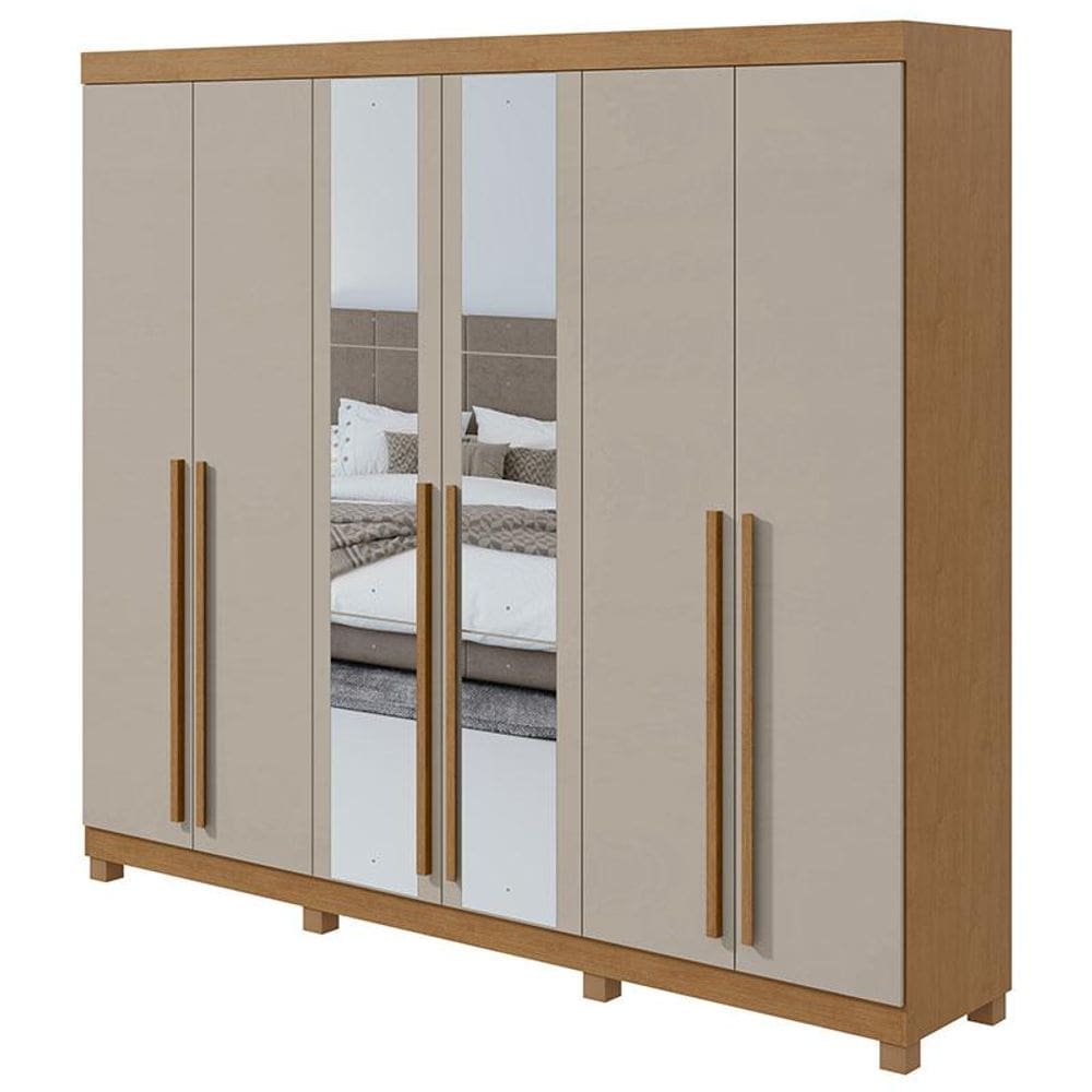 Guarda Roupa Casal Bertha 6 Portas Amêndoa Clean Off White com Pés e Espelho - Lopas