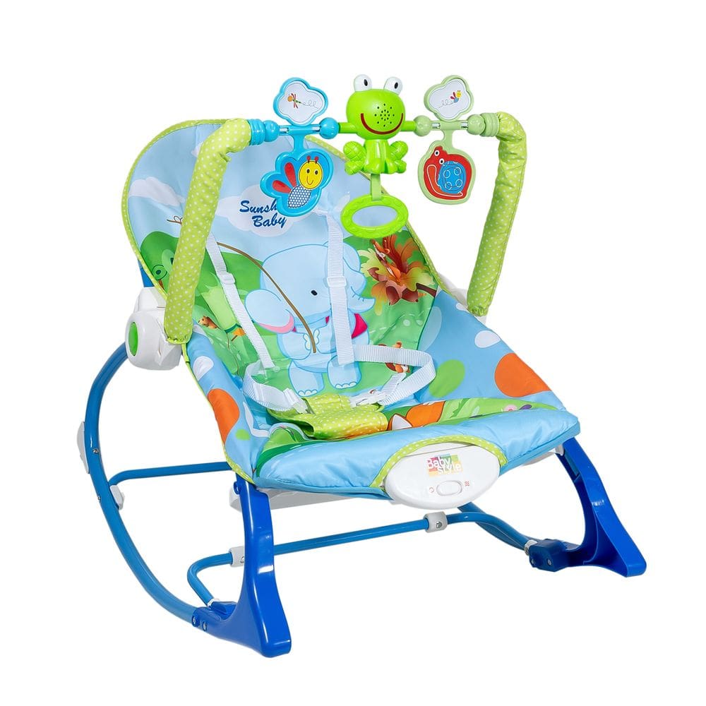 Cadeira de Descanso Bebê Balanço Azul até 18kg Suave Vibração Relaxante Cinto de Segurança Mobile Barra de Brinquedos Interativa