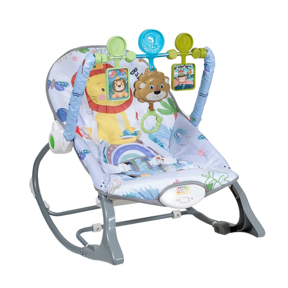 Cadeira de Descanso Bebê Balanço Cinza Até 18kg Suave Vibração Relaxante Cinto de Segurança Mobile Barra de Brinquedos Interativa