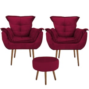 Kit 2 Poltronas Decorativa Parana com Puff Redondo Suede Vermelho