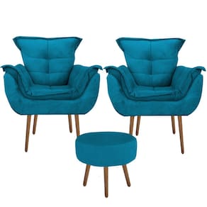 Kit 2 Poltronas Decorativa Parana com Puff Redondo Suede Turquesa