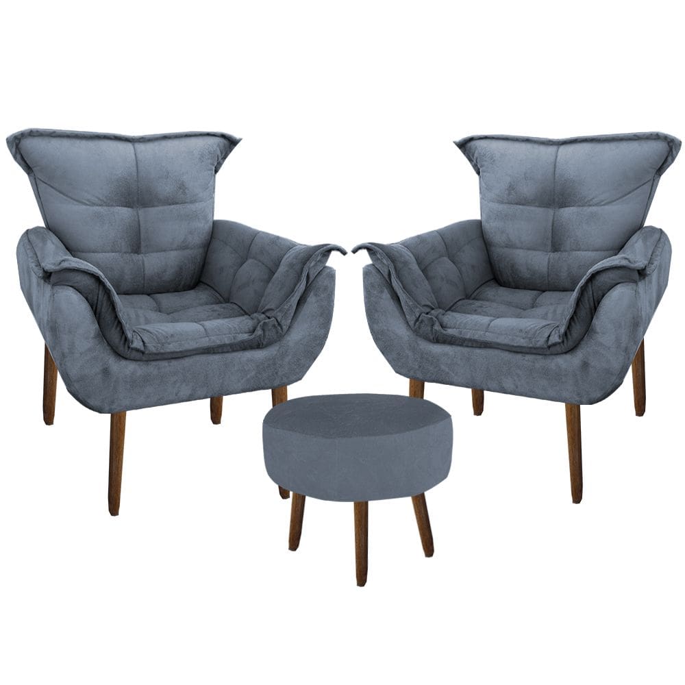 Kit 2 Poltronas Decorativa Parana com Puff Redondo Suede Grafitte